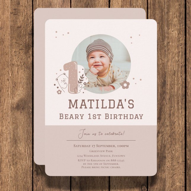 Custom Photo and Cute Bear 1st Birthday invitation (Creator Uploaded)