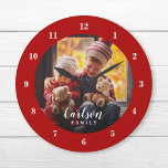 Custom Photo and Family Name Personalized Large Clock<br><div class="desc">Create a special one of a kind round or square wall clock personalized with your photo and family name monogram. The design features simple modern red and white colours, or use the design tools to choose any fonts and colours to match your own home decor style. A custom clock is...</div>