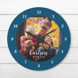 Custom Photo and Family Name Personalized Large Clock<br><div class="desc">Create a special one of a kind round or square wall clock personalized with your photo and family name monogram. The design features simple modern navy blue and white colours, or use the design tools to choose any fonts and colours to match your own home decor style. A custom clock...</div>