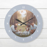 Custom Photo and Family Name Personalized Large Clock<br><div class="desc">Create a special one of a kind round or square wall clock personalized with your photo and family name monogram. The design features simple modern black and white fonts, or use the design tools to choose any fonts and colours to match your own home decor style. A custom clock is...</div>