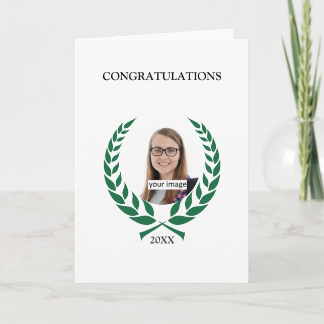 Custom Photo and Green Laurel Graduation Card (Front)