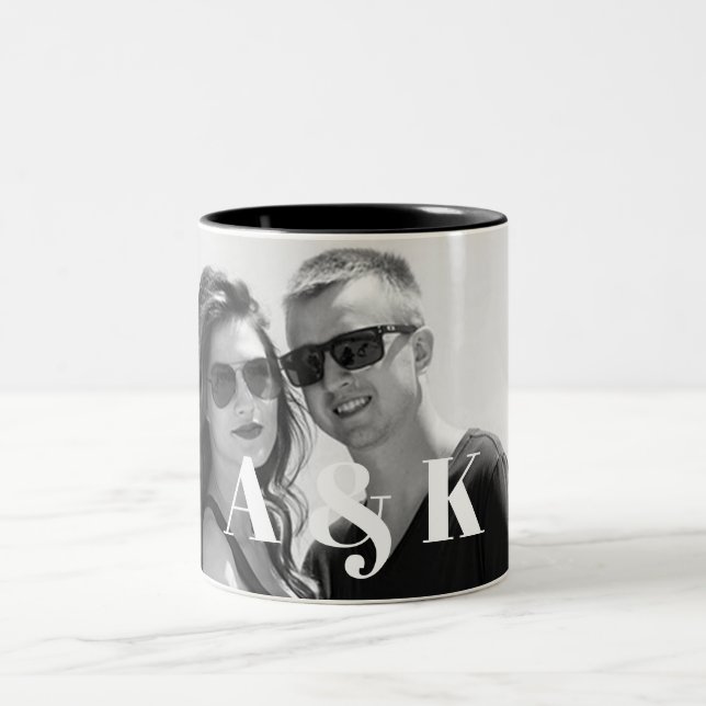 Custom Photo and Large Monogram Initials Two-Tone Coffee Mug (Center)