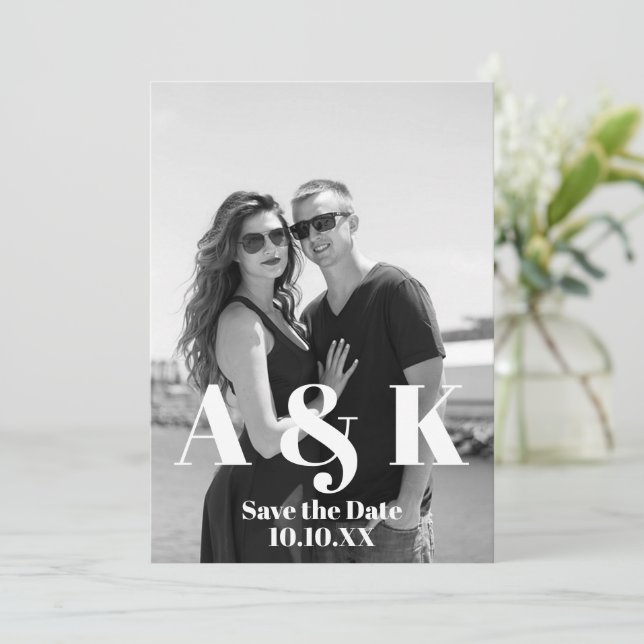 Custom Photo and Large Monogram Save the Date Invitation (Standing Front)