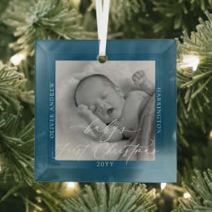 Custom Photo and Name Baby's First Christmas Blue Glass Ornament