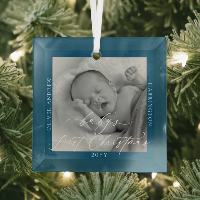 Custom Photo and Name Baby's First Christmas Blue Glass Ornament (Insitu)
