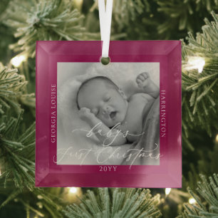 Custom Photo and Name Baby's First Christmas Pink Glass Ornament