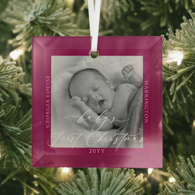 Custom Photo and Name Baby's First Christmas Pink Glass Ornament (Insitu)