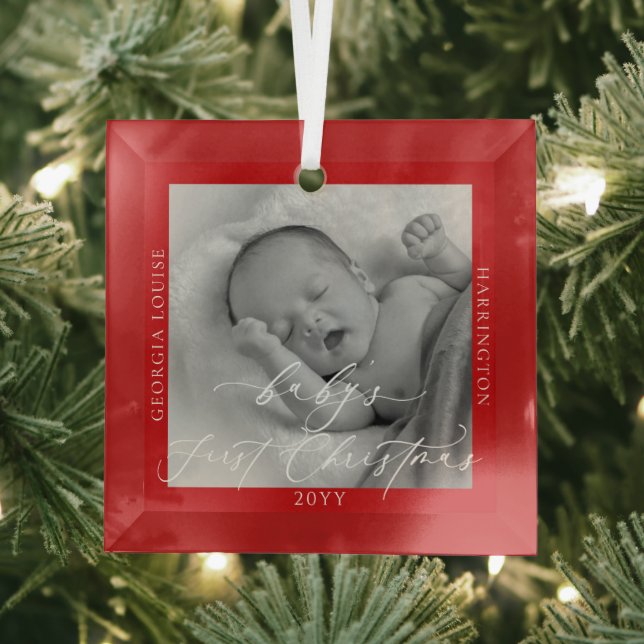 Custom Photo and Name Baby's First Christmas Red Glass Ornament (Insitu)
