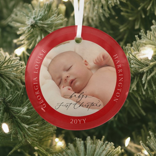 Custom Photo and Name Baby's First Christmas Red Glass Ornament (Insitu)