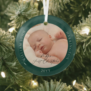 Custom Photo and Name Baby's First Green Christmas Glass Ornament