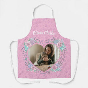Custom Photo and Name Cat Lover Floral Heart Apron