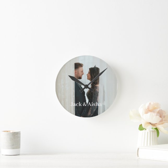 Custom Photo and Name Couple Pocket Watch Round Clock (Home)