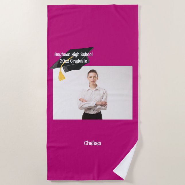 Custom Photo and Text Graduation Cap Personalized Beach Towel (Front)