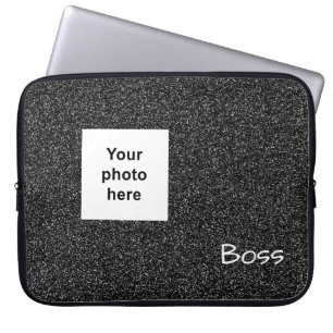 Custom photo and text grey faux glitter laptop sleeve