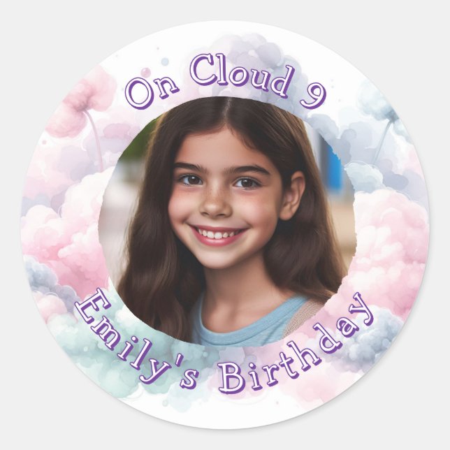 Custom Photo and Text On Cloud 9 Birthday Party  Classic Round Sticker (Front)