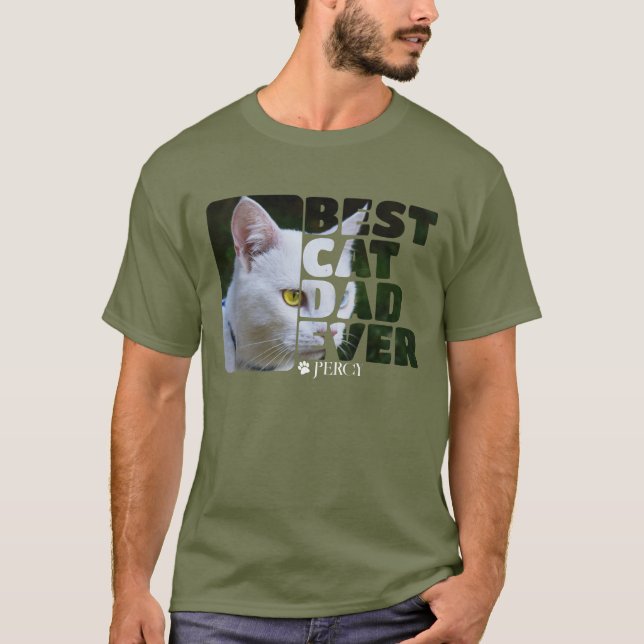 Custom Photo And Text Personalized Best Cat Dad T-Shirt (Front)