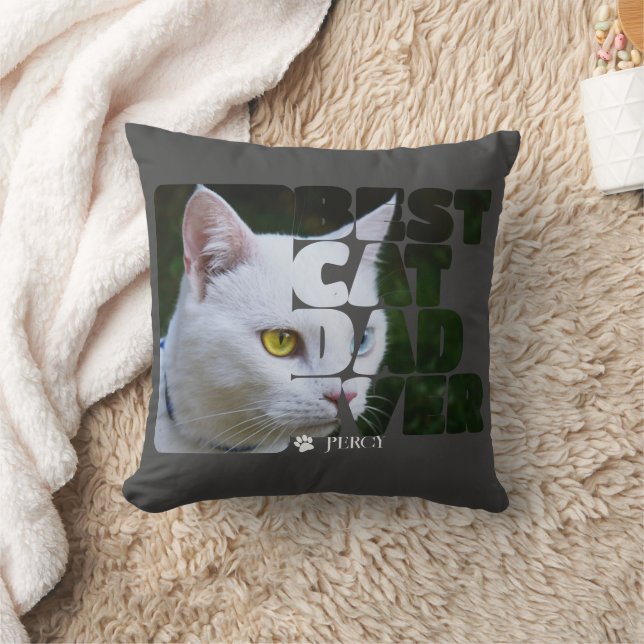 Custom Photo And Text Personalized Best Cat Dad Throw Pillow (Blanket)