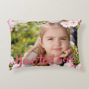 Custom Photo and Text Pink Cherry Blossoms Border Accent Pillow