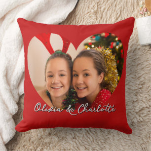 Custom Photo And Text Red Christmas Throw Pillow
