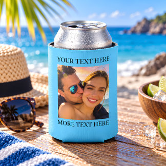 Custom Photo and Text Soft Blue Can Cooler