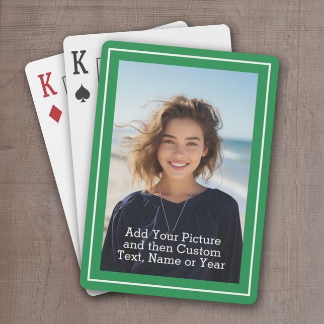 Custom Photo and Text With Green Border Playing Cards (Add a Photo and Text to This Classic Set of Custom Playing Cards)