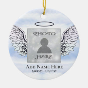Custom Photo Angel Wings Memorial Ceramic Ornament