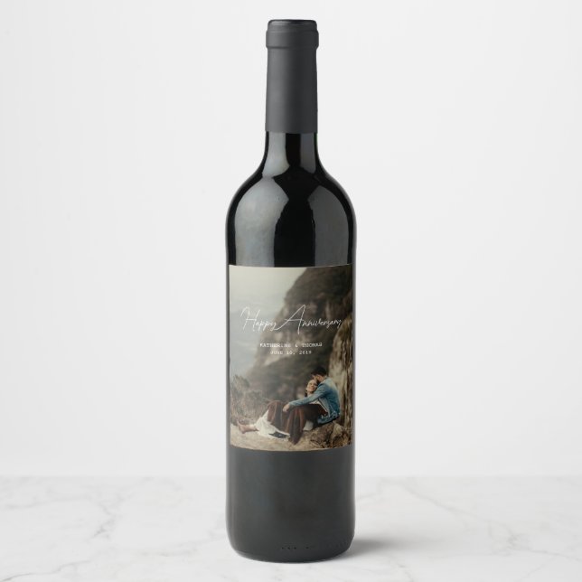 Custom photo anniversary minimalist retro wedding wine label (Front)