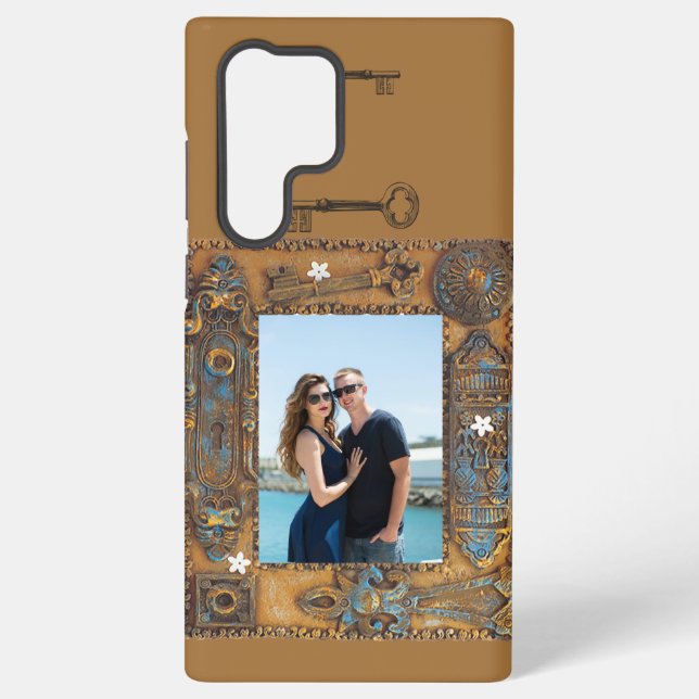 Custom Photo Antique Skeleton Key Frame Design Samsung Galaxy S22 Ultra Case (Back)