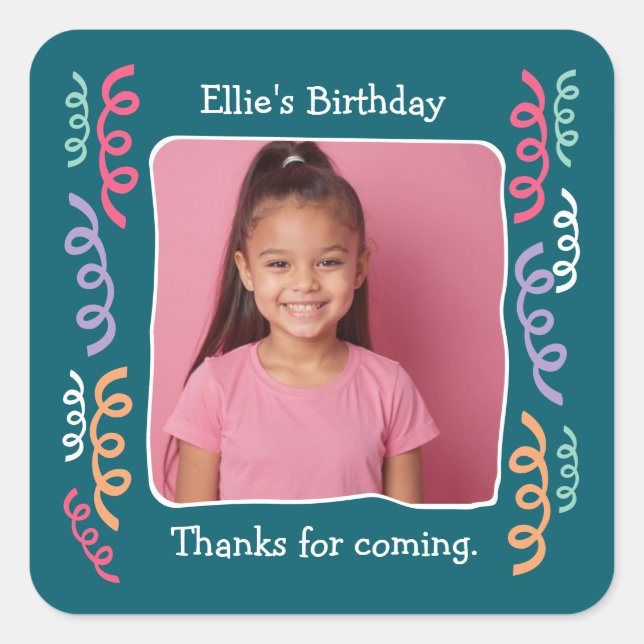 Custom Photo Any Age Birthday Party Streamers Square Sticker (Front)