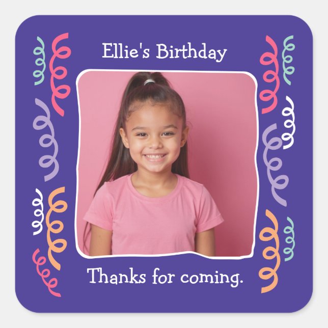 Custom Photo Any Age Birthday Party Streamers Square Sticker (Front)