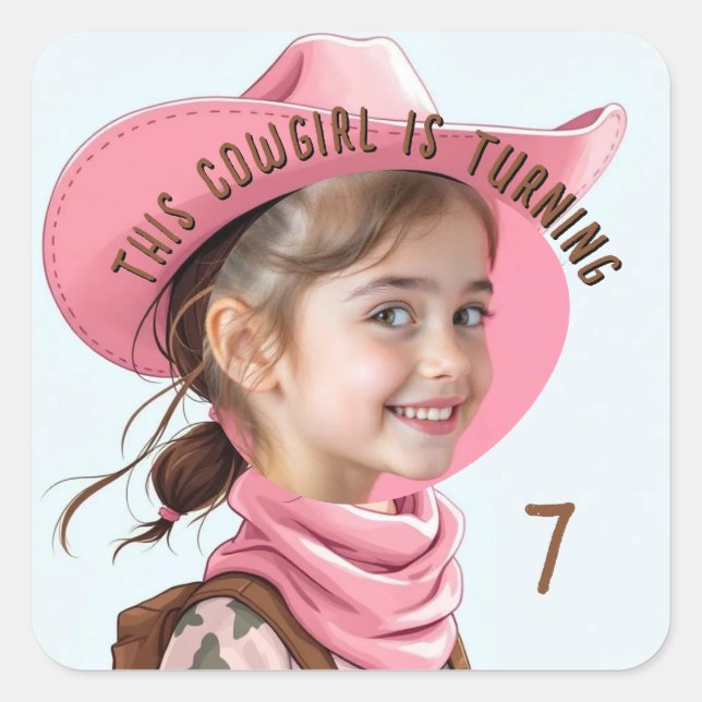 Custom Photo Any Age Pink Cowgirl Theme Birthday  Square Sticker (Front)
