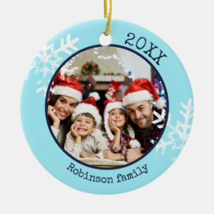 Custom Photo Aqua Blue Snowflake Circle Ornament