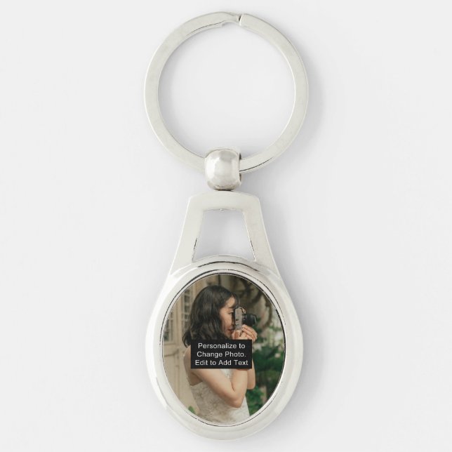 Custom Photo Art Name Monogram Quote Oval Metal Keychain (Front)