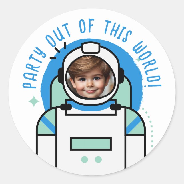 Custom Photo Astronaut Party Out of This World Classic Round Sticker (Front)