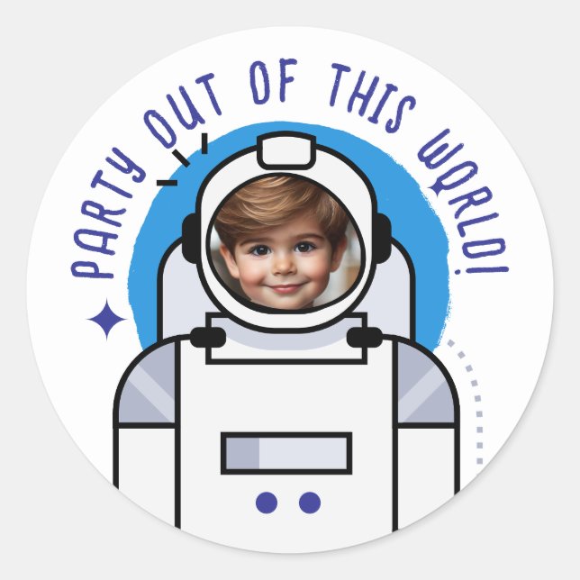Custom Photo Astronaut Party Out of This World Classic Round Sticker (Front)