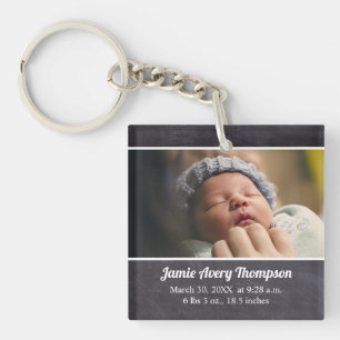 Custom Photo baby birth date and stats chalkboard Keychain