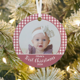 Custom Photo Baby Girl's First Christmas Rose Gold Metal Ornament