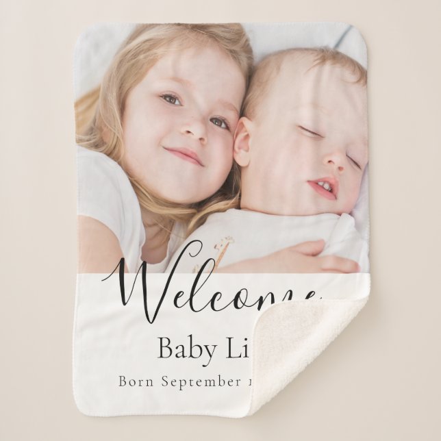 Custom photo baby newborn welcome name sherpa blanket (Front)