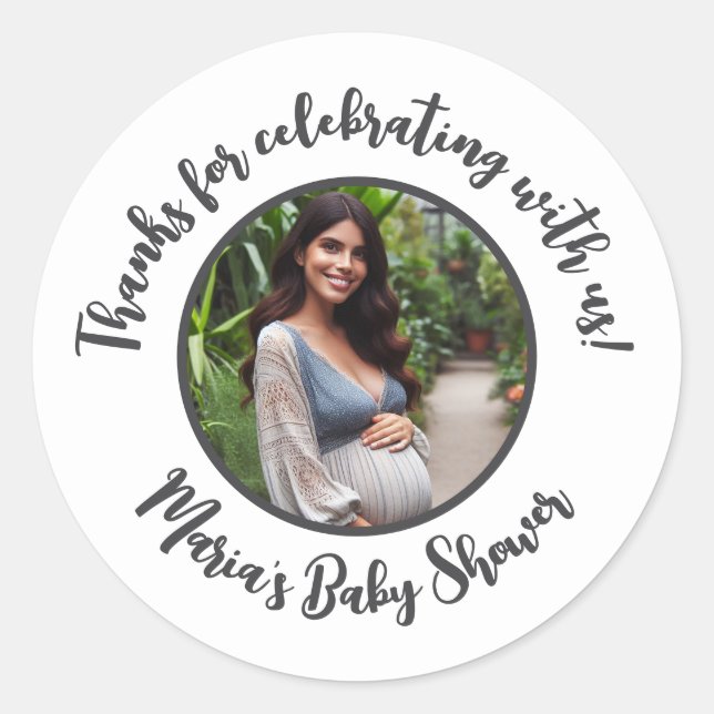 Custom Photo Baby Shower Modern Script Thank You Classic Round Sticker (Front)