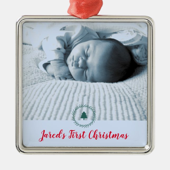 Custom Photo Baby's First Christmas Metal Ornament (Front)