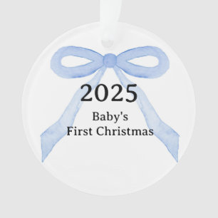 Custom Photo Baby's First Christmas YEAR Blue Bow Ornament