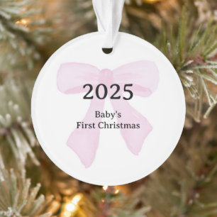 Custom Photo Baby's First Christmas YEAR Pink Bow Ornament