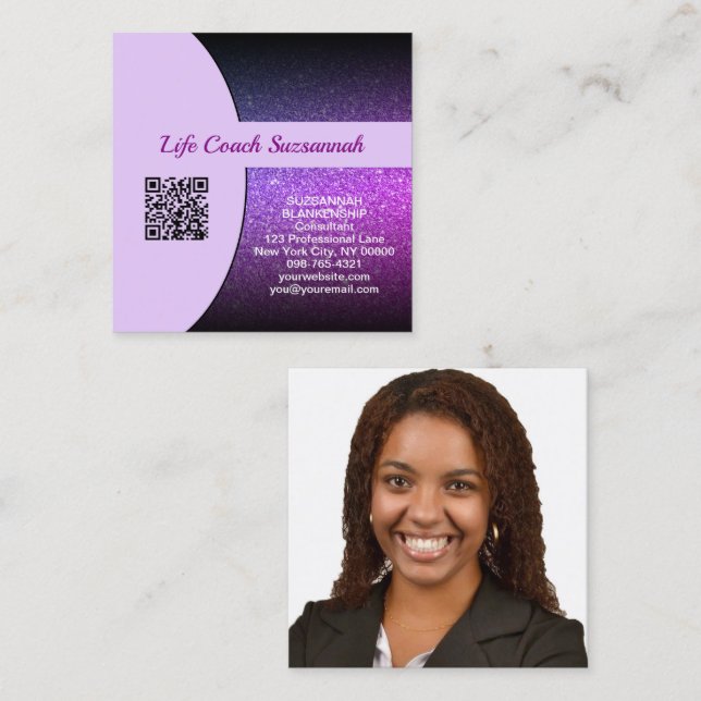 Custom Photo Back Purple Glitter QR Code Front Square Business Card (Front/Back)