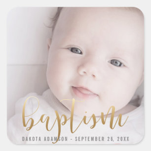 Custom Photo Baptism Gold Calligraphy Square Sticker