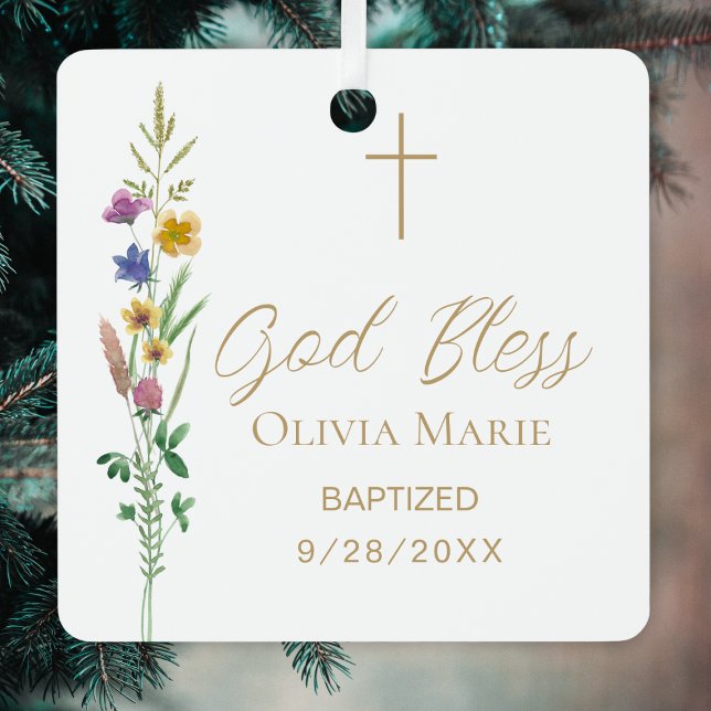 Custom Photo Baptism Wildflower Ceramic Metal Ornament (Creator Uploaded)