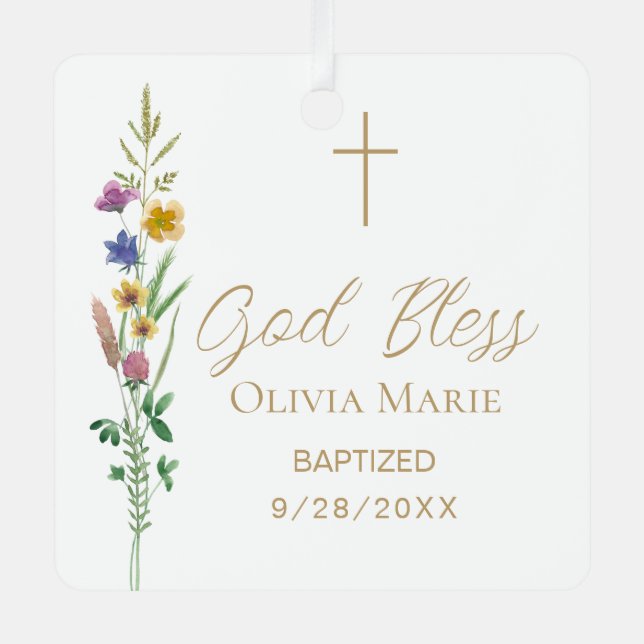 Custom Photo Baptism Wildflower Ceramic Metal Ornament (Front)
