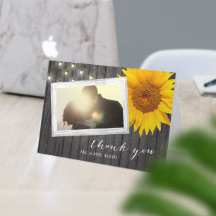Custom Photo Barn Wood Sunflower Wedding Thank You Card