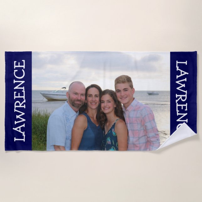 Custom photo beach towel navy - personalized gift (Front)