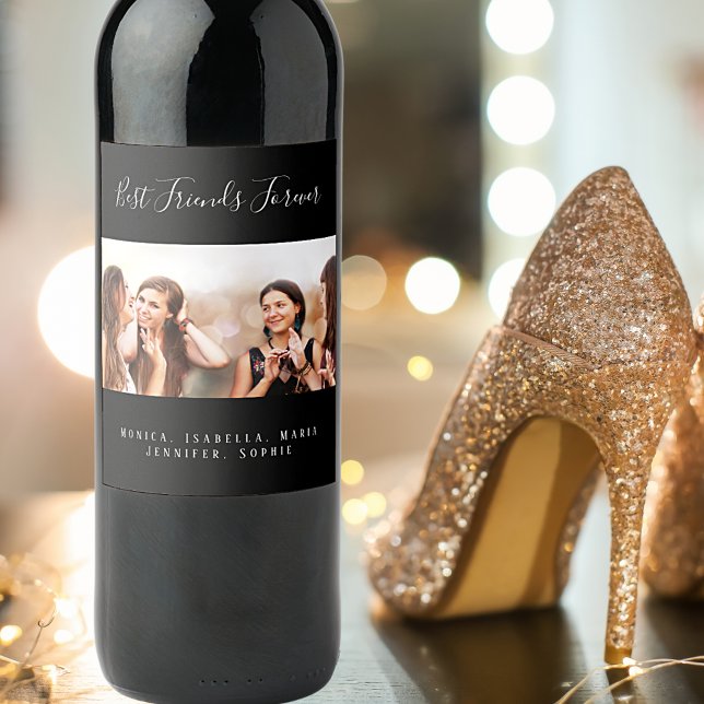 Custom photo best friends forever besties black wine label (Creator Uploaded)