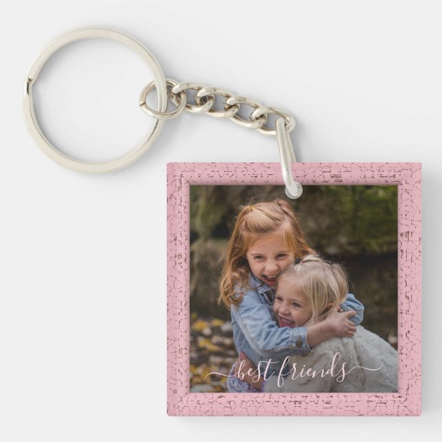 Custom Photo Best Friends Forever Pink Frame Keychain (Front)
